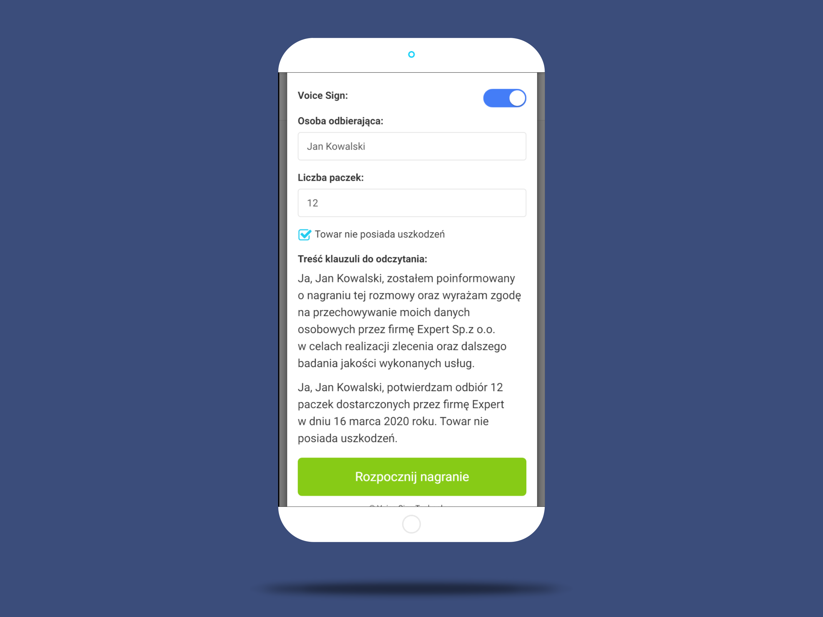 Voice Sign service interface mockup
