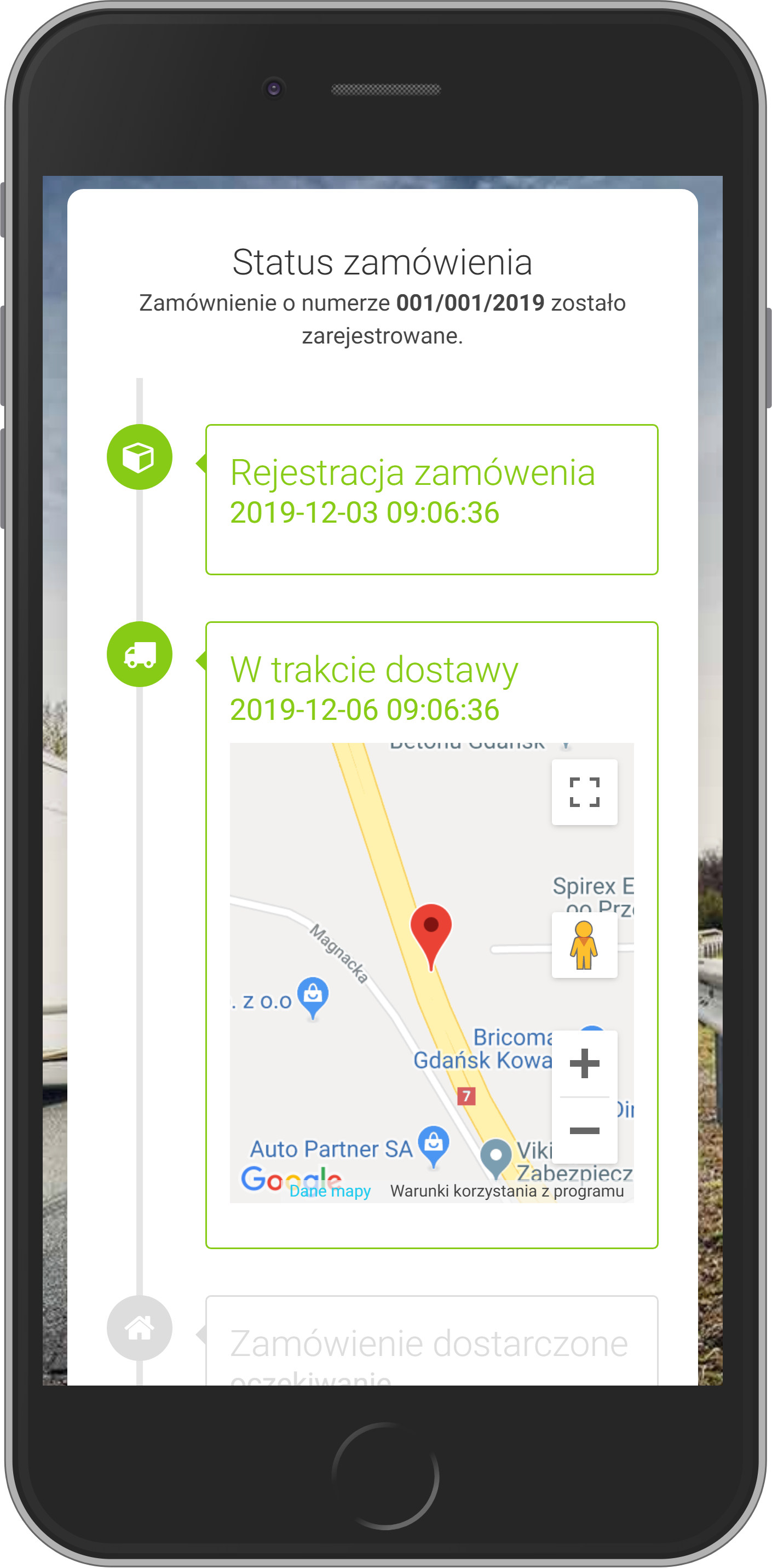 Customer order tracking interface on mobile